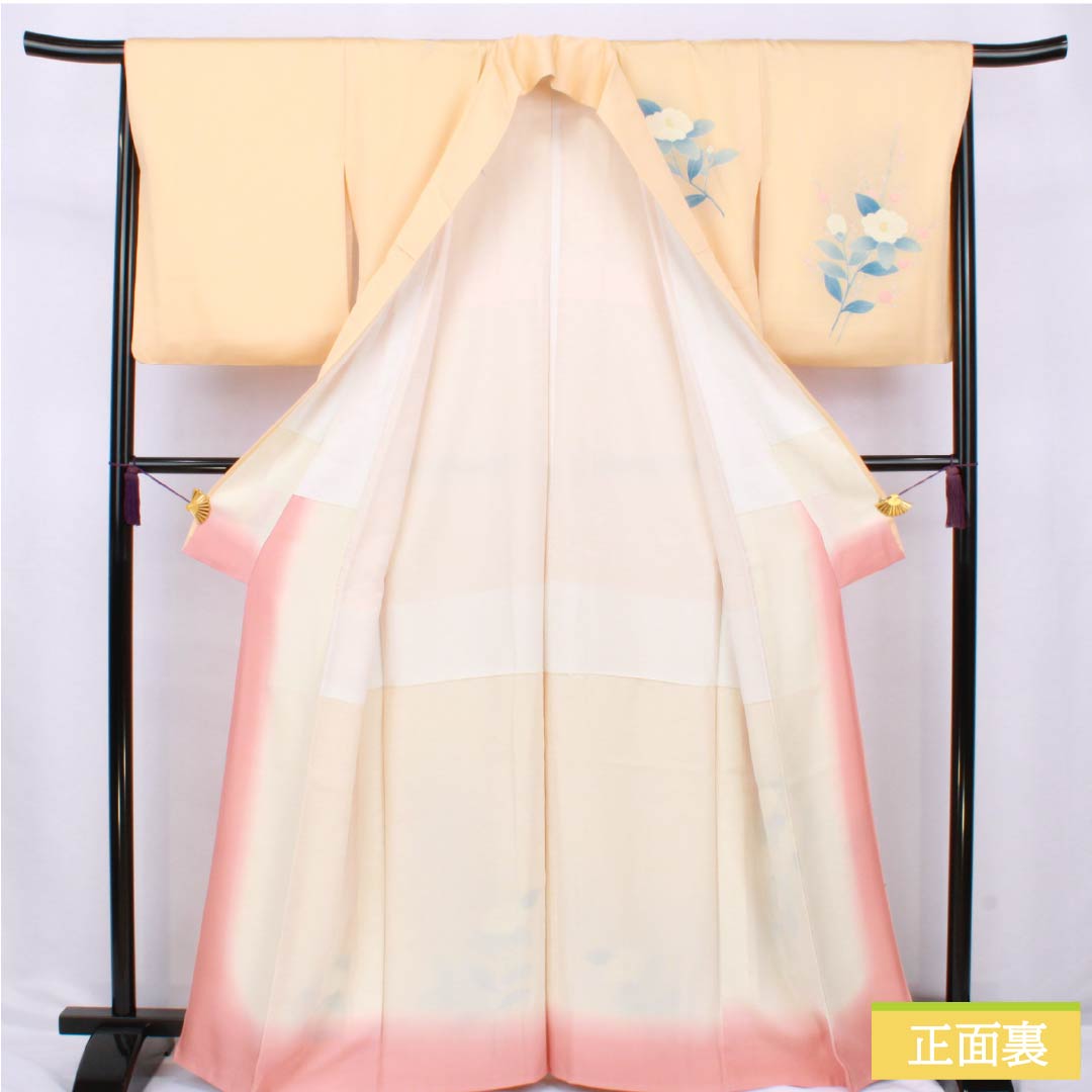 Visiting Kimono, Pure Silk, Grade A, Lined, Length 166.5cm, Sleeve Length 62.5cm, Light Persimmon, Kyoto Yuzen, Camellia, Orange, Item Number 1112006363526