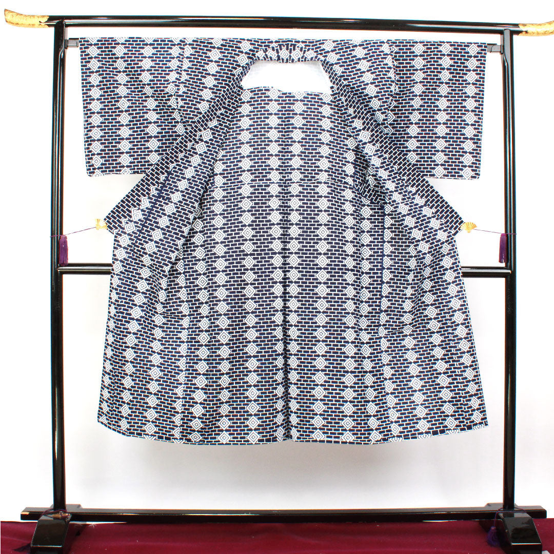 Yukata with basting thread, unused, men's, geometric pattern, cotton, S rank, single layer, length 135cm, sleeve length 67.5cm, navy blue, 1118002132118