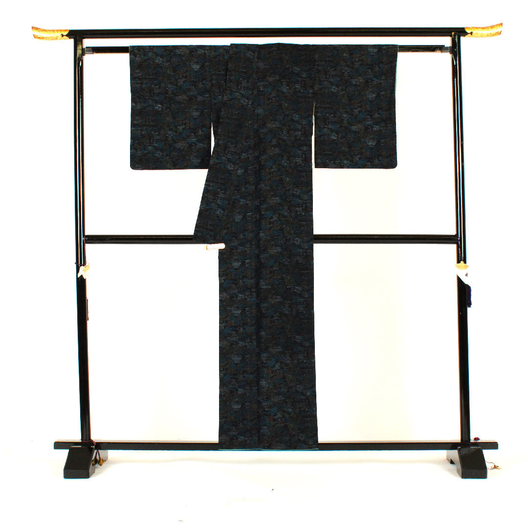 Tsumugi, Length 158cm, Sleeve length 62.5cm, Landscape pattern, Pure silk, S rank, Lined, Navy blue, 1116001292318