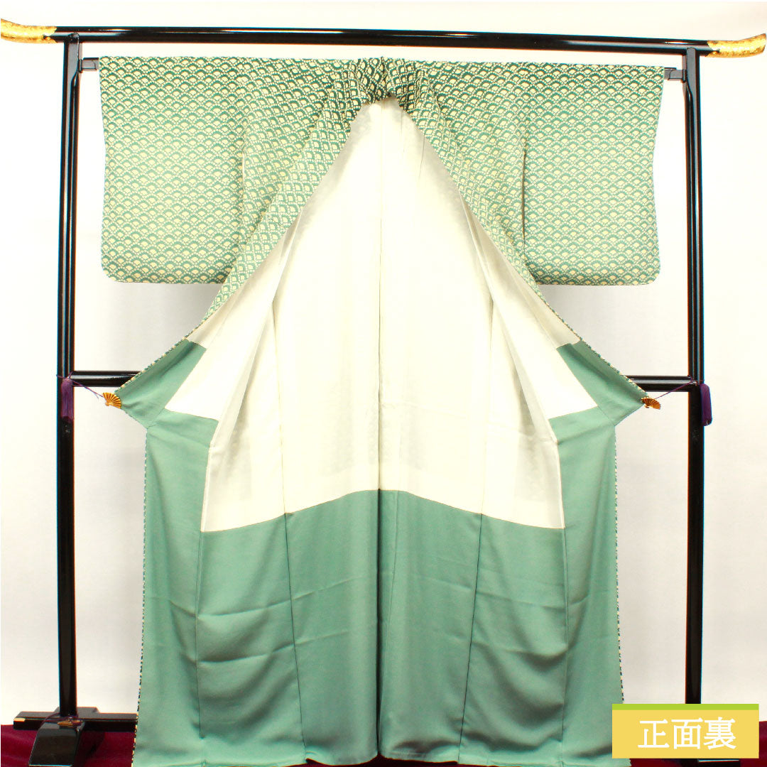 小紋 正絹 身丈167.5cm 裄丈65.5cm 袷  山藍摺色  Sランク 緑系 1115003672519