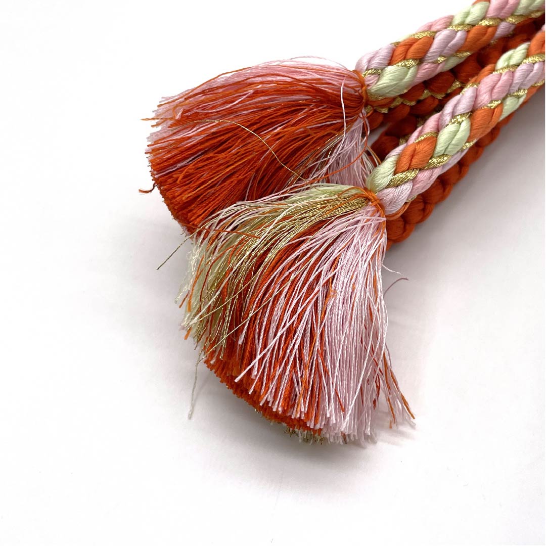 S-Rank Silk Obi-jime (Sash Band) - Silver-vermilion (Ginshuiro) - Round Braid - Approx. 173cm Long, Approx. 1.1cm Wide - Semi-Formal - Orange Tones - Product Number: 1135004372426