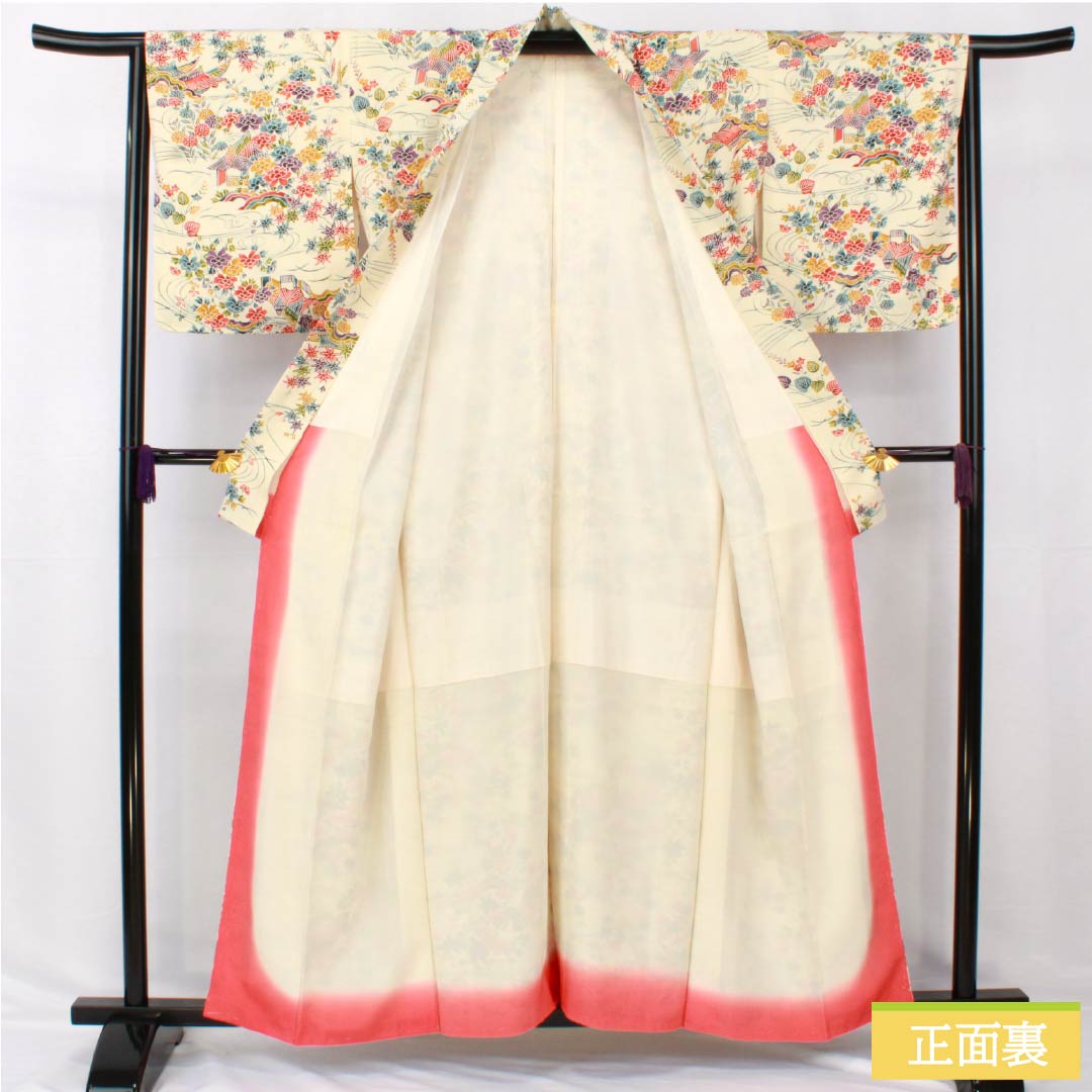 Komon, pure silk, length 158.5cm, sleeve length 64cm, lined, Neriiro (Neri-iro), stencil dyeing, Bingata style, Chayatsuji, A rank, cream color, 1115005103315