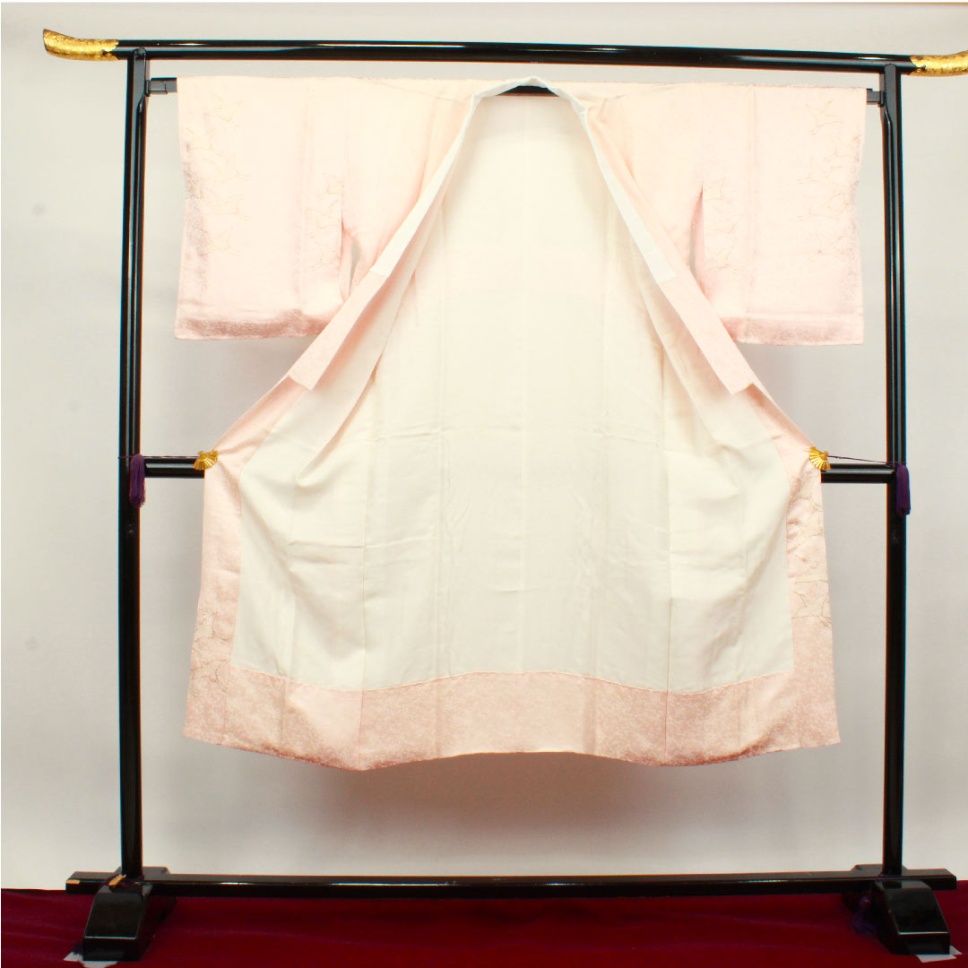 Long undergarment, pure silk, length 135cm, sleeve length 68cm, lined, formal, crane, partially dyed, patterned feathers, S rank, pink, 1129000532413