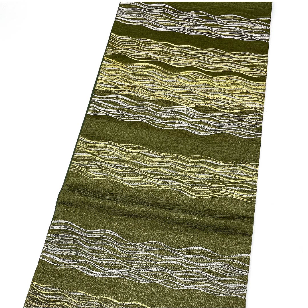 Fukuro Obi (Japanese sash) in pine-nezu color, with horizontal waves, 420cm long, pure silk, S rank, six-pass, semi-formal, green, 1123005822319