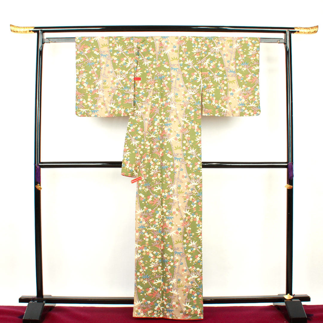 Small pattern, Length 164cm, Sleeve length 66.5cm, Lined, Willow brown, Washable kimono, Bamboo, Plum, Polyester, S rank, Green, 1115002552419