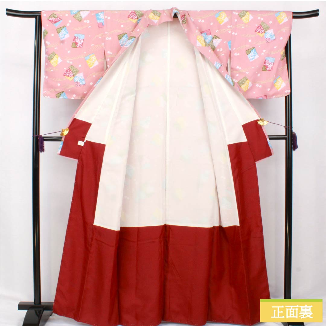 Small-patterned kimono, polyester, S rank, length 165.5cm, sleeve length 66cm, lined, pale pink plum color (usukoubaiiro), classic pattern, with basting thread, washable, pink, 1115007042513