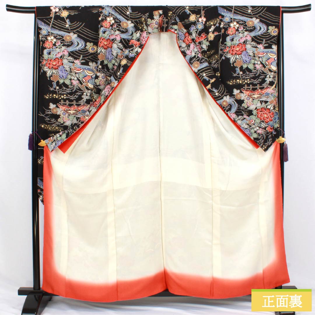 振袖 正絹 Sランク 身丈162cm 裄丈66.5cm 袷 京友禅 重ね衿付き 吉祥文様 牡丹 梅 流水 黒系 1113002792410