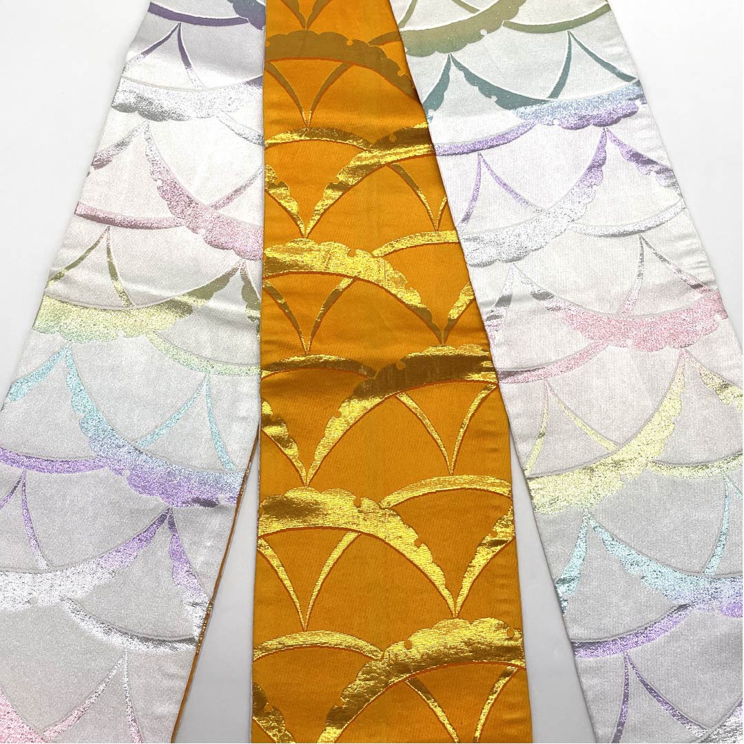 Half-width obi, polyester, Kumoinezuiro (cloud-gray) with snow rings, reversible, length 354cm, silver, S rank, 1125002192322