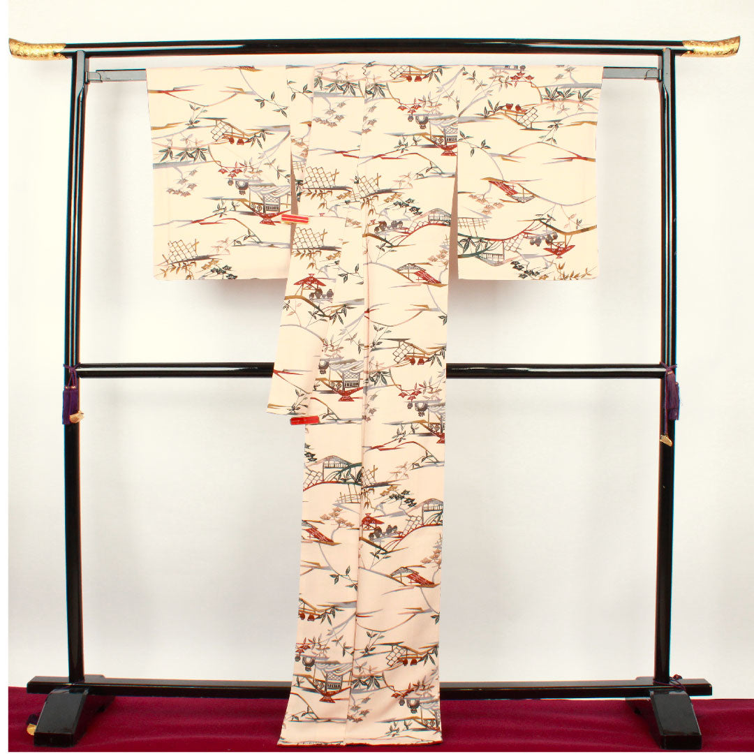 Komon, Length 165.5cm, Sleeve length 66cm, Awase, Washed persimmon color, Stencil dyeing, Landscape pattern, Pure silk, A rank, Pink 1115002093513