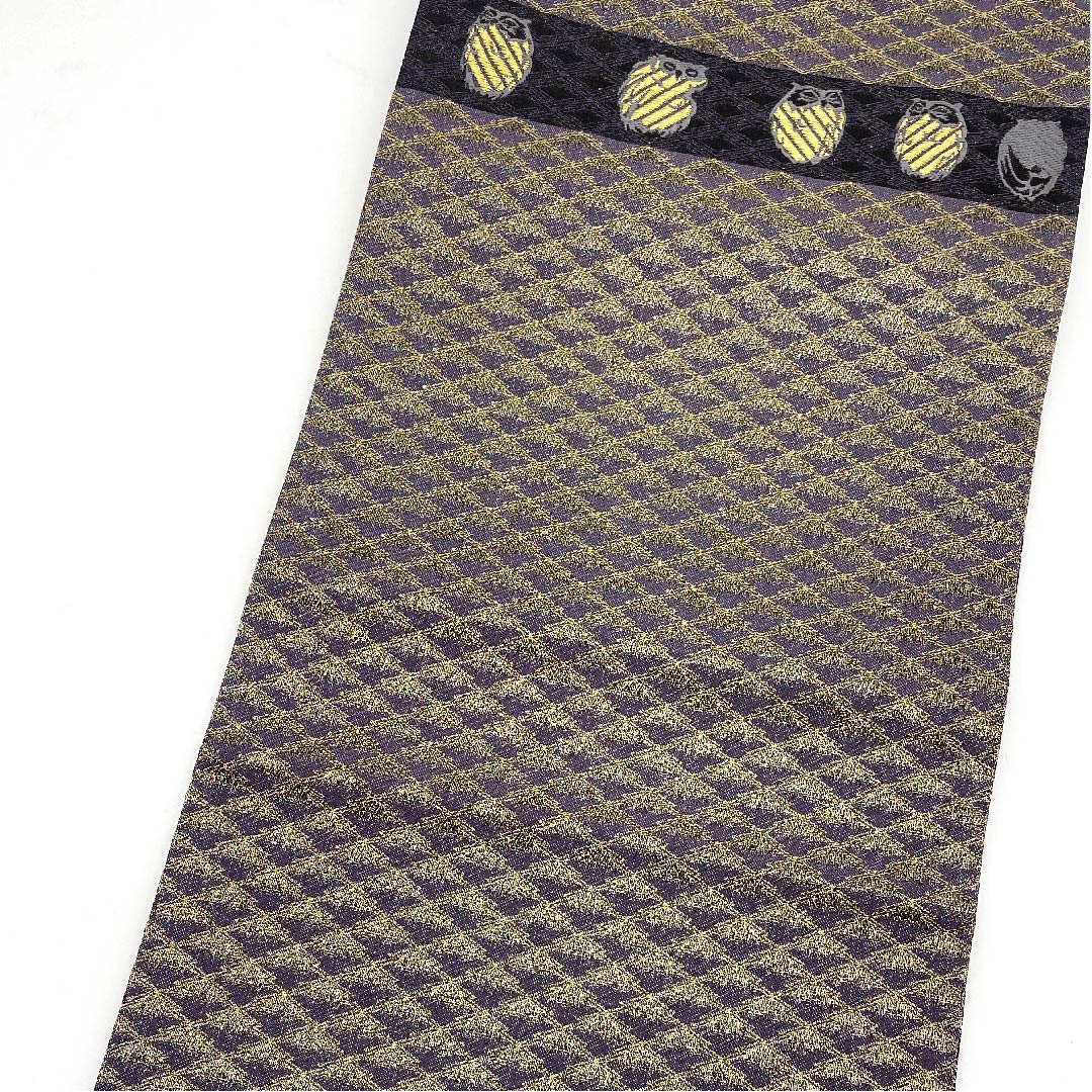 Fukuro Obi (Indigo blue pigeon feather color) Owl, Matsukawa diamond pattern, Obi length 440cm, Pure silk, S rank, Point pattern, Casual, Purple, 1123005792320