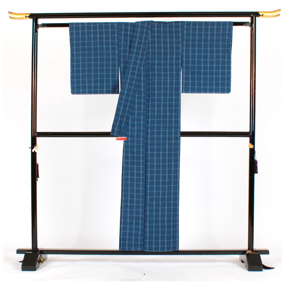 Tsumugi, Length 155cm, Sleeve length 63.5cm, Check pattern, Pure silk, S rank, Lined, Navy blue, 1116001492318