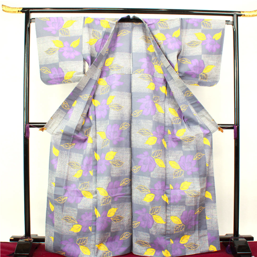 浴衣 しつけ糸付き 未使用品 灰青色 花模様 市松 木綿 Sランク 単衣 身丈170cm 裄丈67cm グレー系 1118002172622