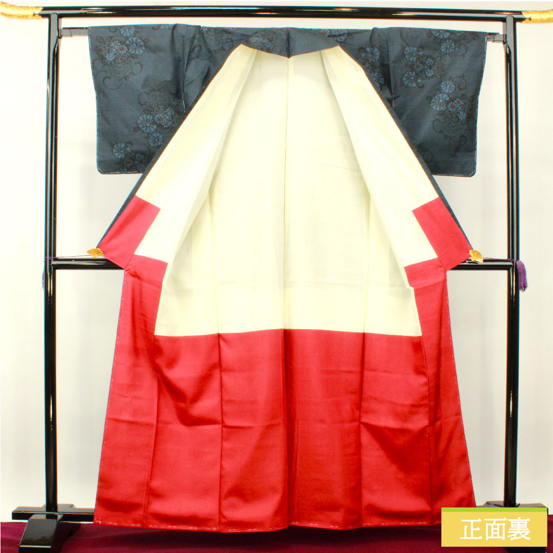 Tsumugi, pure silk, length 162.5cm, sleeve length 64cm, flower pattern, A rank, lined, navy blue, 1116003303418