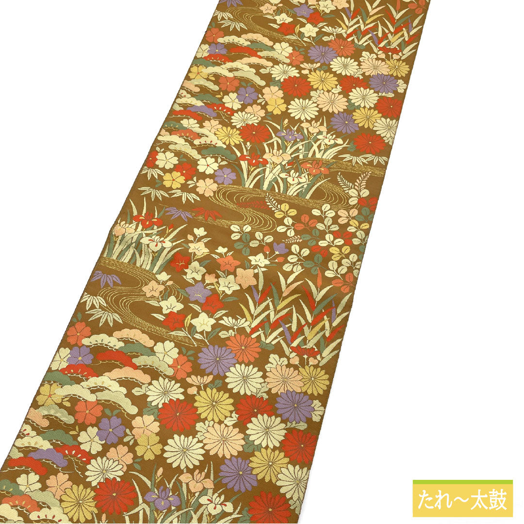 A-Rank Pure Silk Obi with Shoba Weave, Flowing Water and Floral Pattern, Length 432cm, Six-Ply, Semi-Formal, Brown, Product Number: 1123016743314