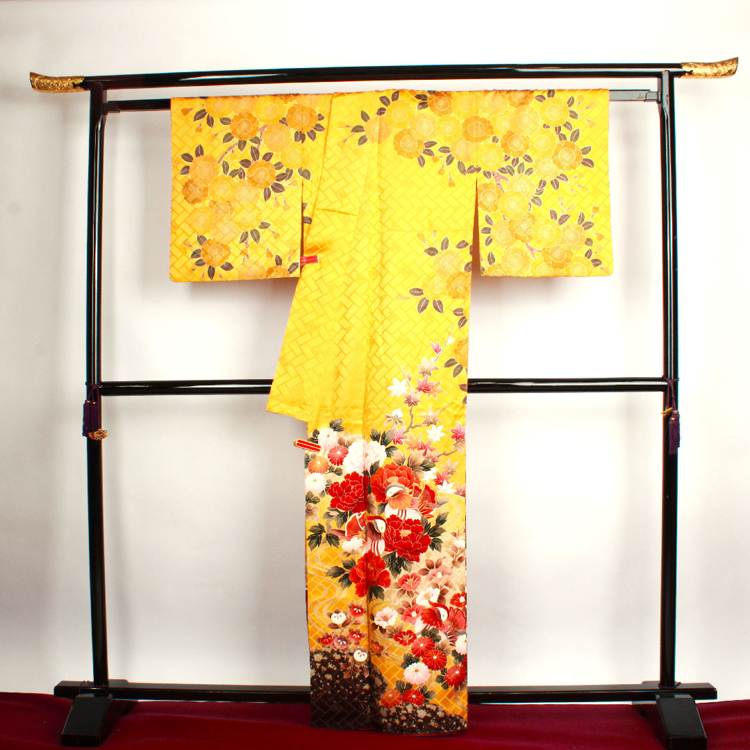 訪問着 袷 身丈165cm 裄丈68cm 櫨染色 鴛鴦 梅 振切り 正絹 Sランク 黄系 1112001602523