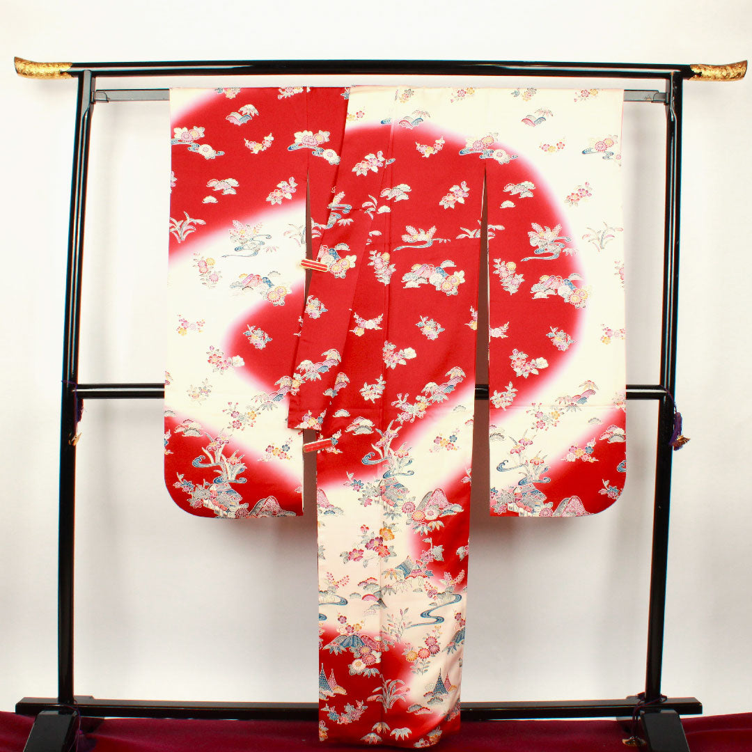 振袖 身丈161.5cm 裄丈64cm 袷  葡萄茶色 薄桜色 型染 茶屋辻 松竹梅  正絹 Aランク 赤系 1113000913412