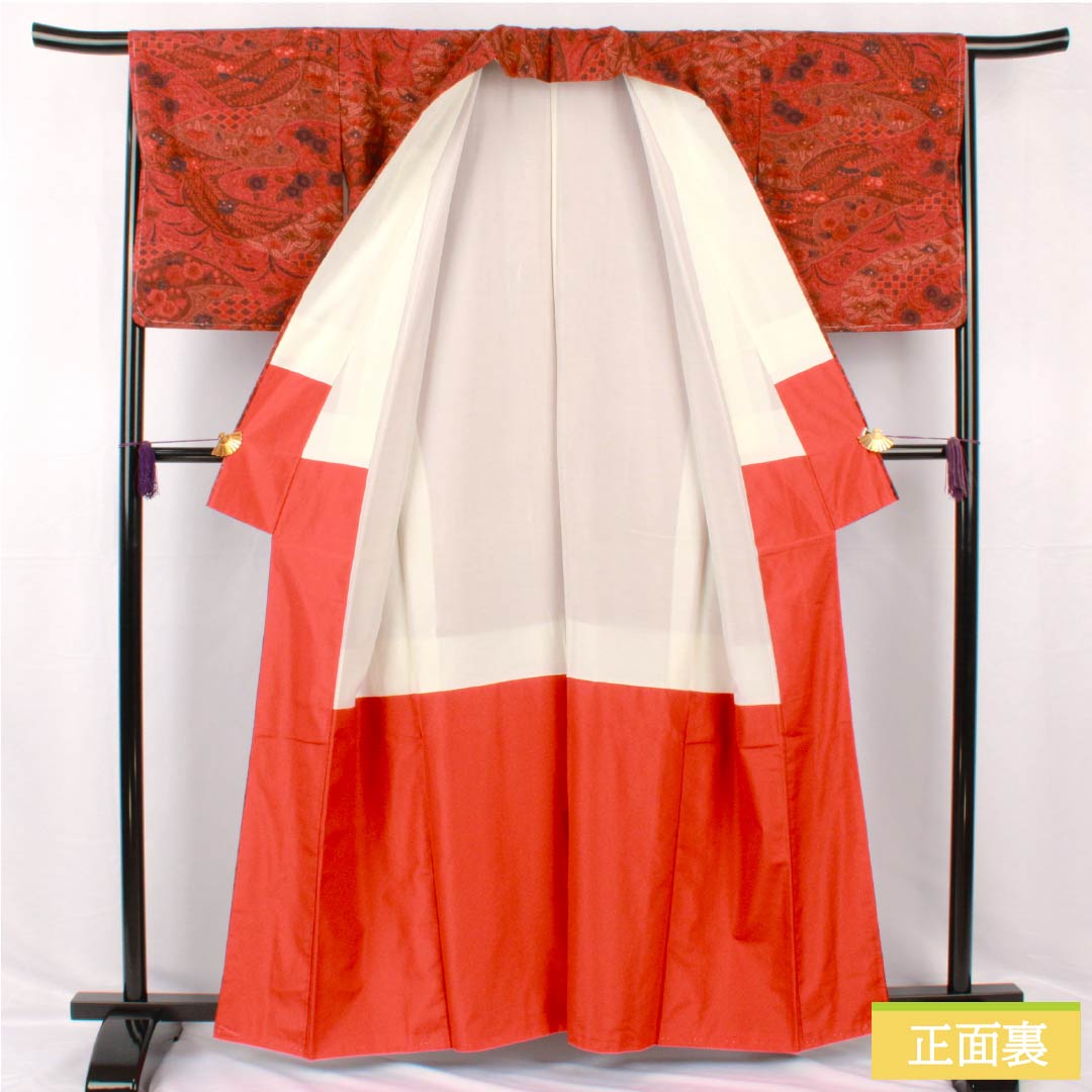 Komon, pure silk, length 161cm, sleeve length 67cm, lined, deep maple leaf color (koimomijiiro), Tsujigahana, with basting thread, S rank, vermilion, 1115005302416