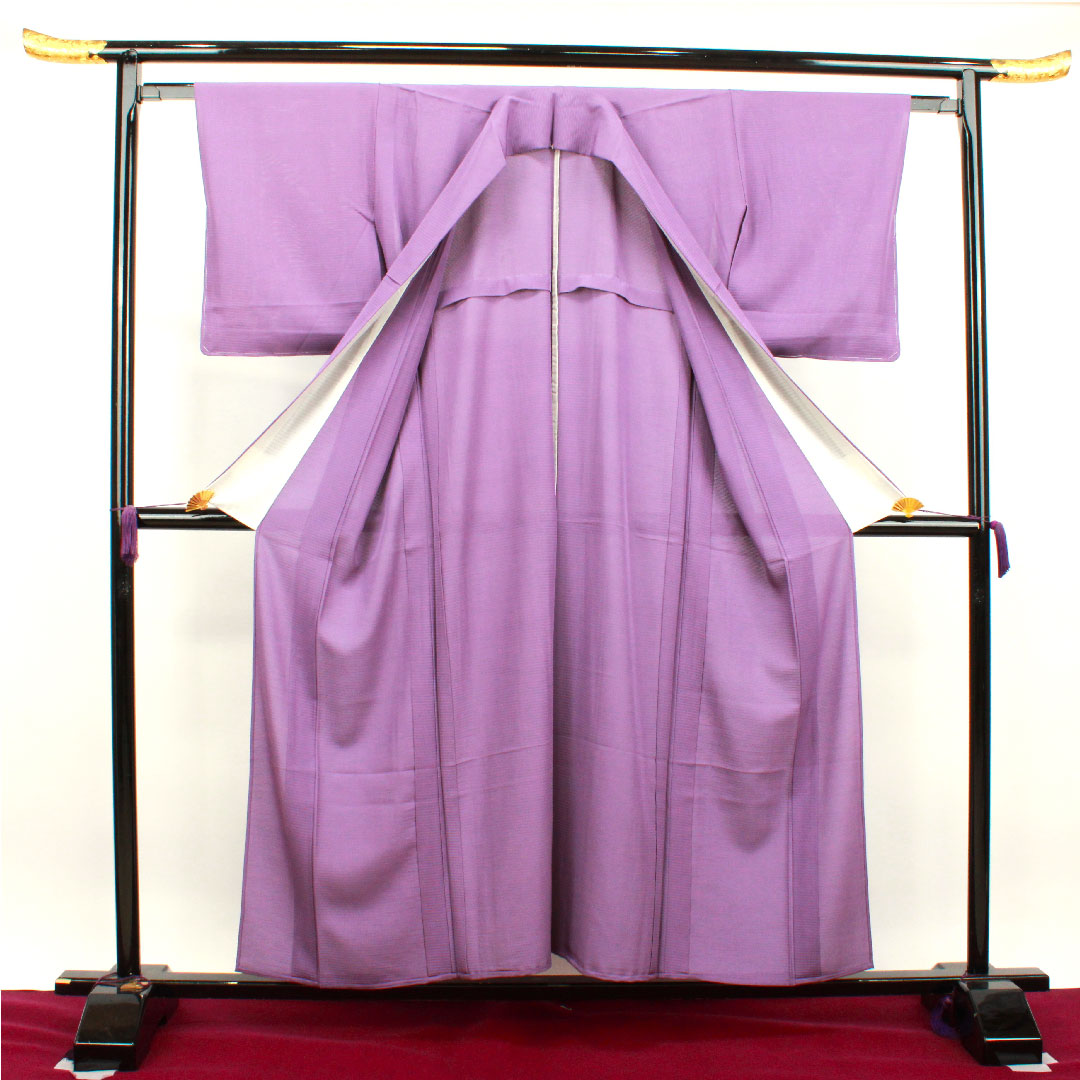 Summer item, pure silk, plain color, length 156.5cm, sleeve length 62cm, aoi-iro (blue color), plain color, left three-leaf kimono pattern, with basting thread, silk, S rank, purple, 1132001712320