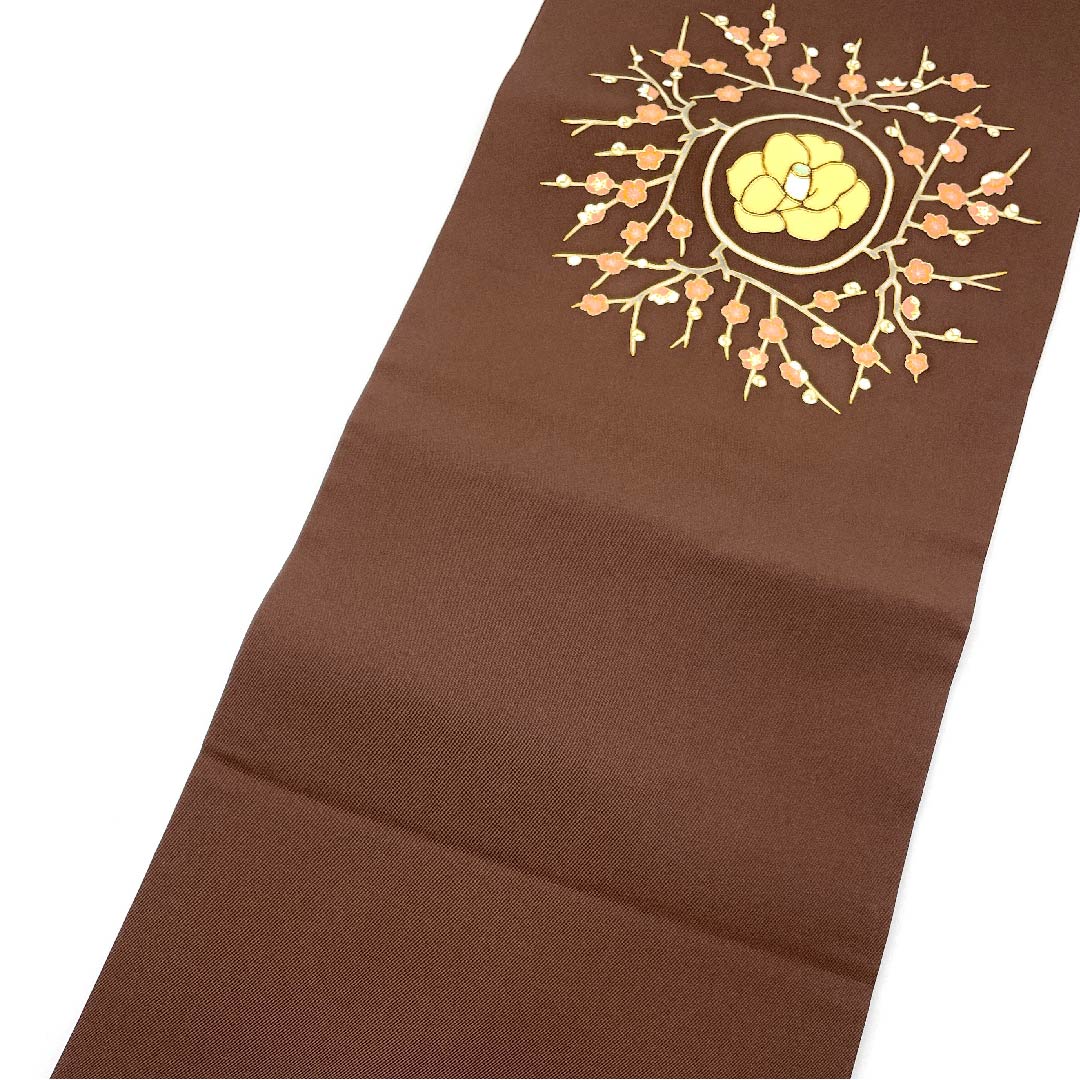 Nagoya obi, boiled black color, Shiose, floral pattern, dyed obi, obi length 375cm, pure silk, A rank, point pattern, semi-formal, brown, 1124003543314, Nagoya style