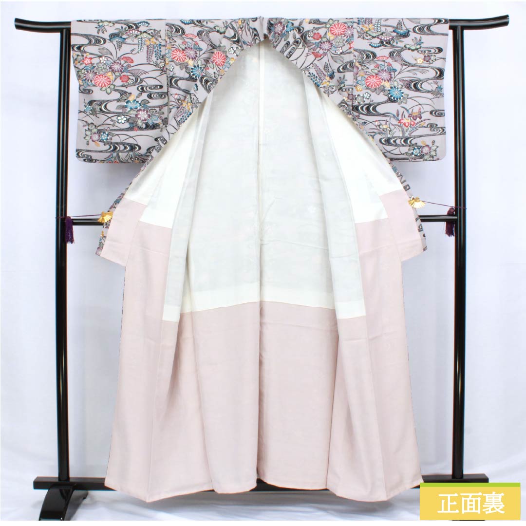 Komon silk, A-rank, length 157.5cm, sleeve length 62.5cm, lined, light ink color (usuzumiiro), Kyoto Bingata pattern, flowing water and floral pattern, gray tones, product number 1115006373322