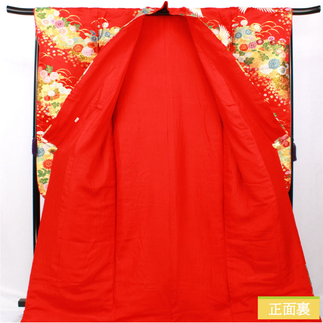 Iro-uchikake (colored kimono) made of pure silk, grade A, length 194cm, sleeve length 67cm, Karaori (tang weave) design with cranes, chrysanthemums, and cherry blossoms, lined, red, 1110000953912