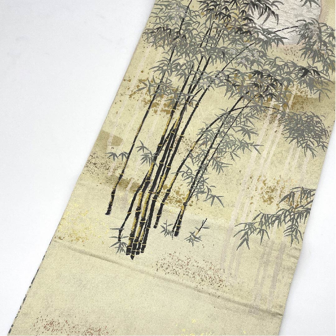 Ivory-colored Fukuro Obi (Bag) with pearl leaf and bamboo forest, Asayama Textile, Length 432cm, Pure silk, A-rank, Pointed pattern, Formal, Cream-colored, 1123006123315