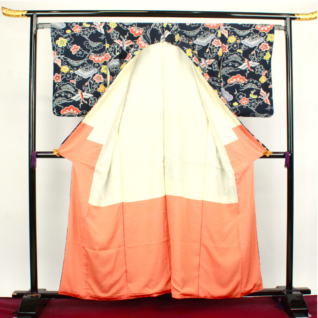 Komon Length 158cm Sleeve length 63.5cm Awase Dark blue Kyo-Bengata Pine Plum Pure silk A rank Navy 1115003433318