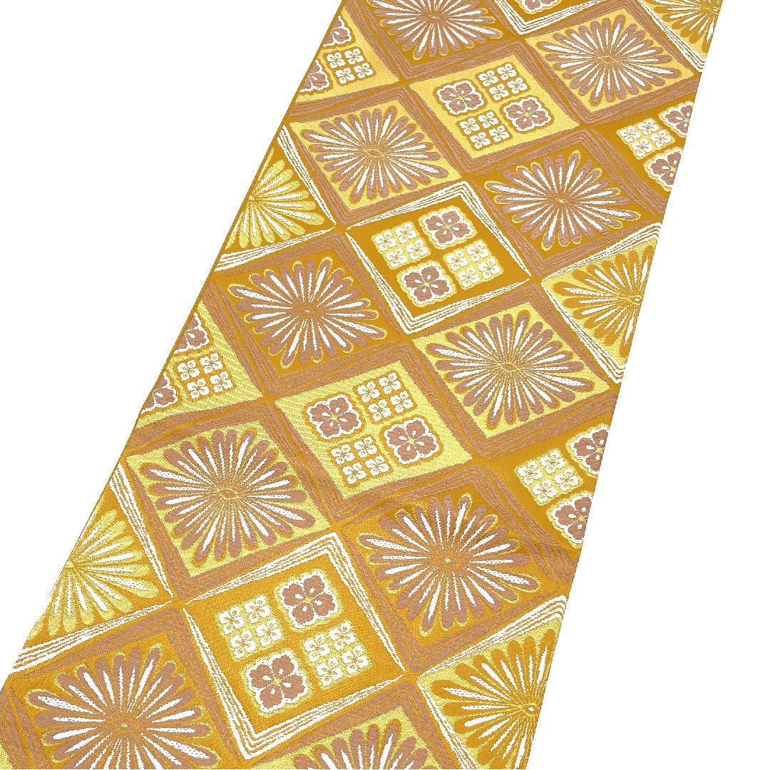 [Unstitched] Silk Fukuro Obi, S Rank, Kigara-cha (brownish-yellow), Jomon-nishiki, Shosoin Pattern, Obi Length 457cm, Roku-tsu (six-panel pattern), Semi-formal, Yellow family, 1123004772423