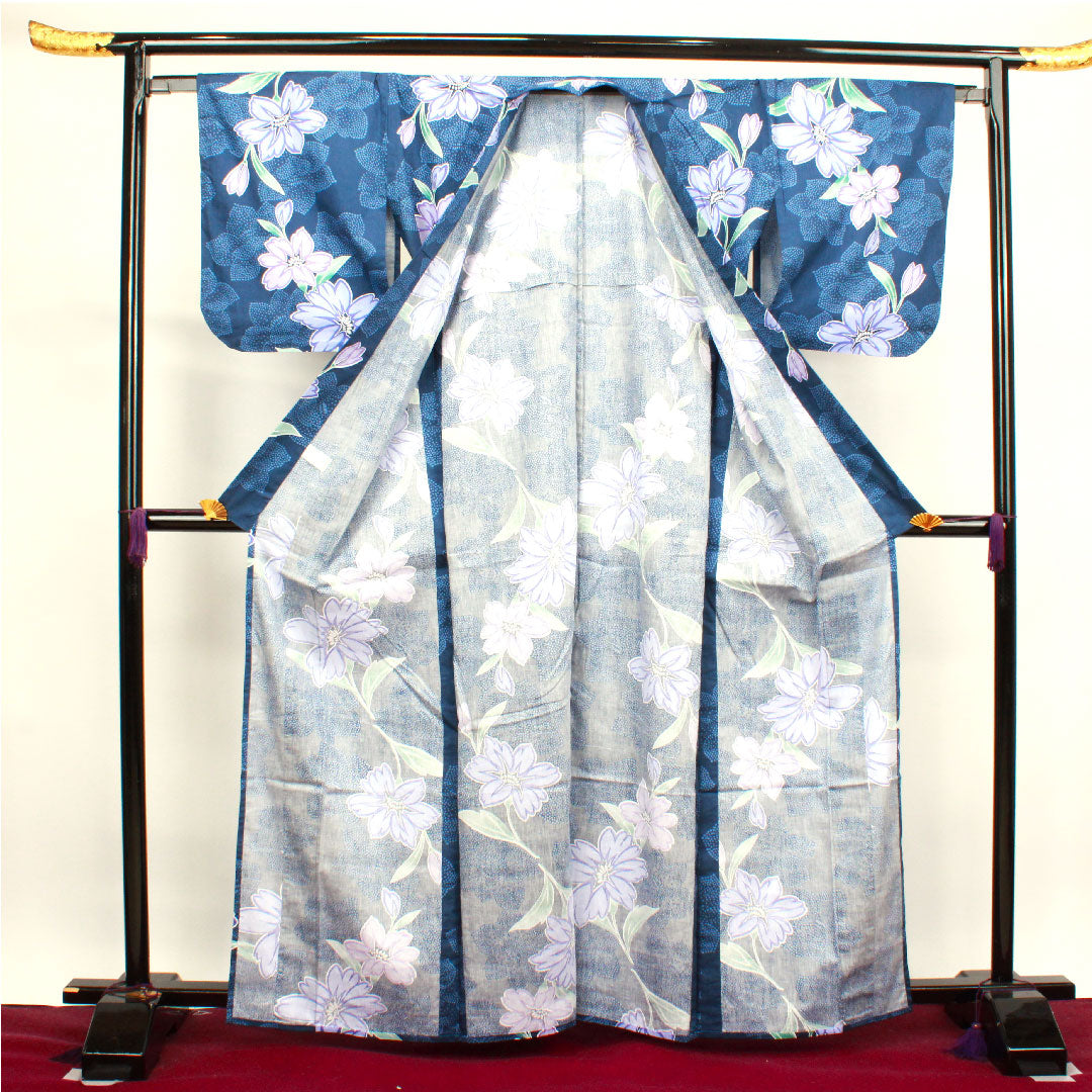 Yukata, Korean blue, azalea, cotton, S rank, single layer, length 165cm, sleeve length 66cm, navy blue, 1118003602518