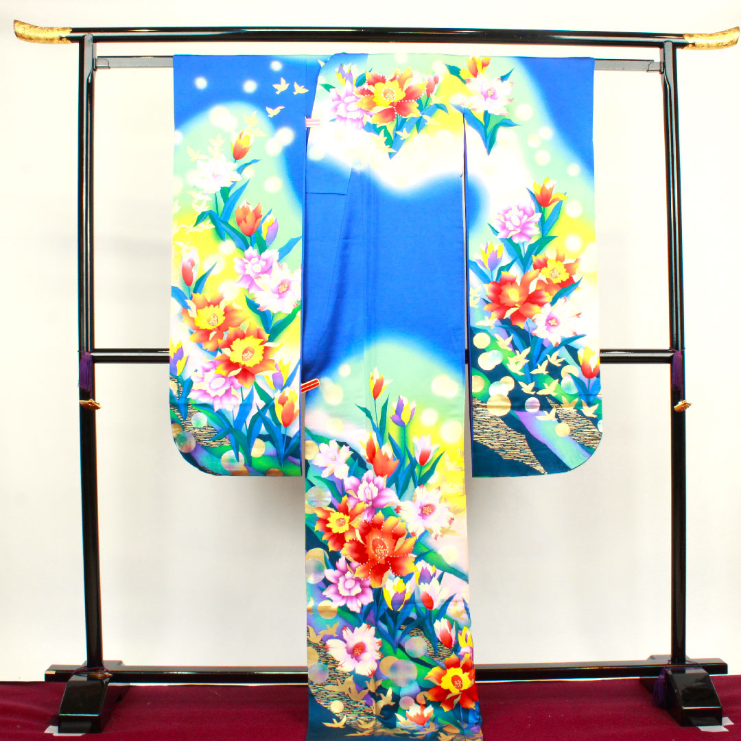 振袖 身丈176.5cm 裄丈64cm 袷  瑠璃色 花鳥模様  正絹 Bランク 紺系 1113001484818