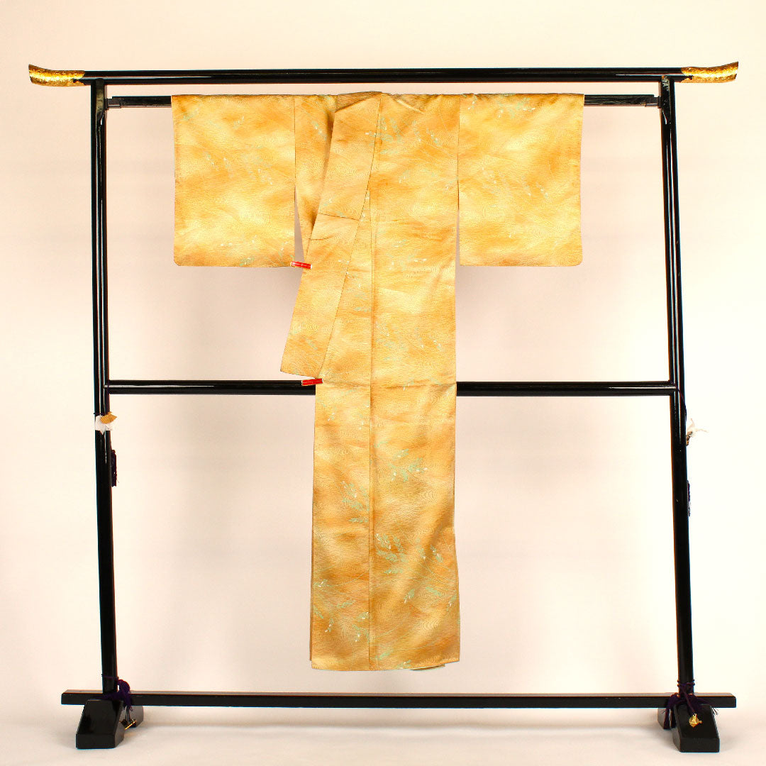 小紋 身丈147.5cm 裄丈61.5cm 袷  洗える着物 流水に葉 ポリ Aランク 黄系 1115000213123