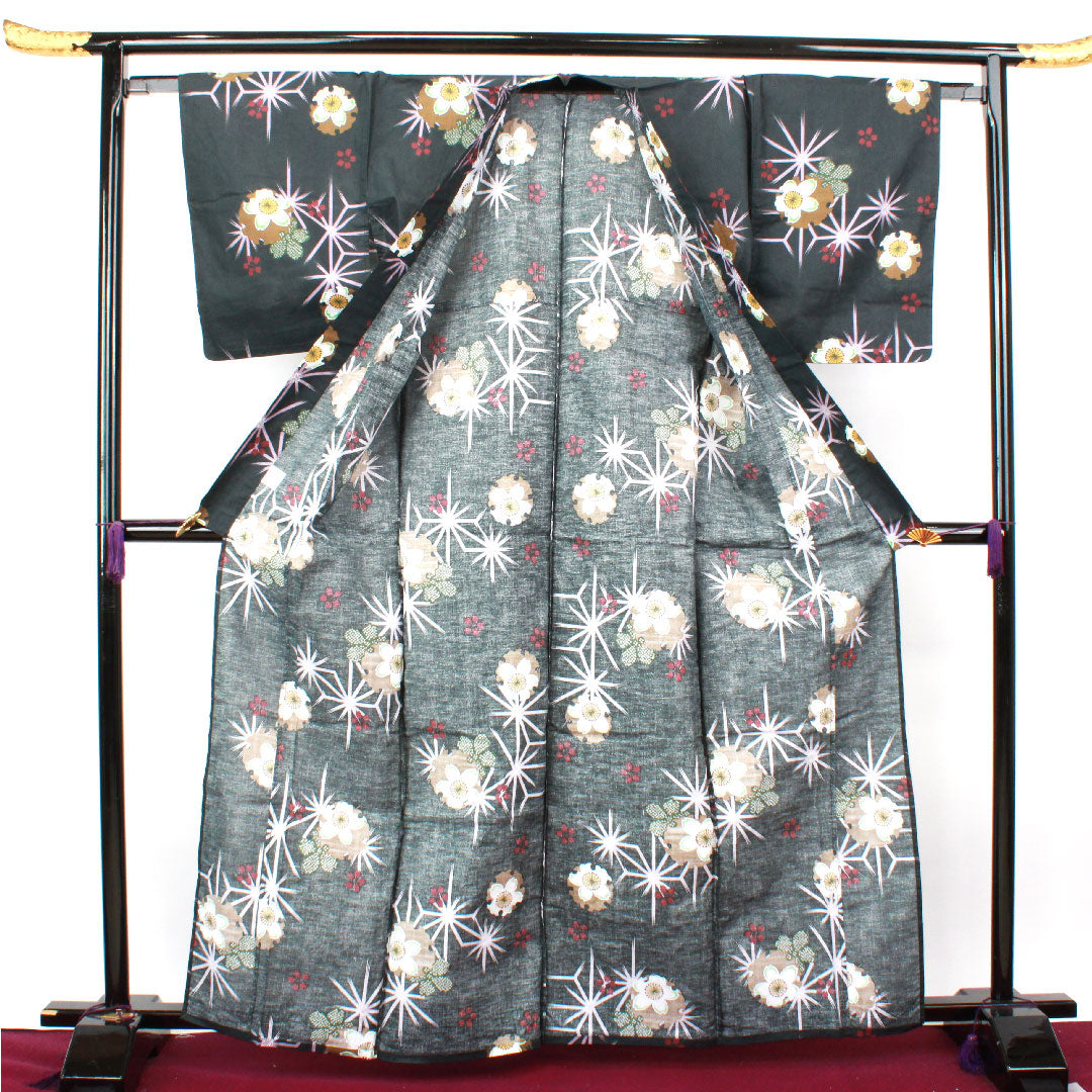 Yukata, Snowflake, Cherry Blossom, Asanoha, Cotton, S Rank, Single Layer, Length 164.5cm, Sleeve Length 64cm, Black, 1118002212410