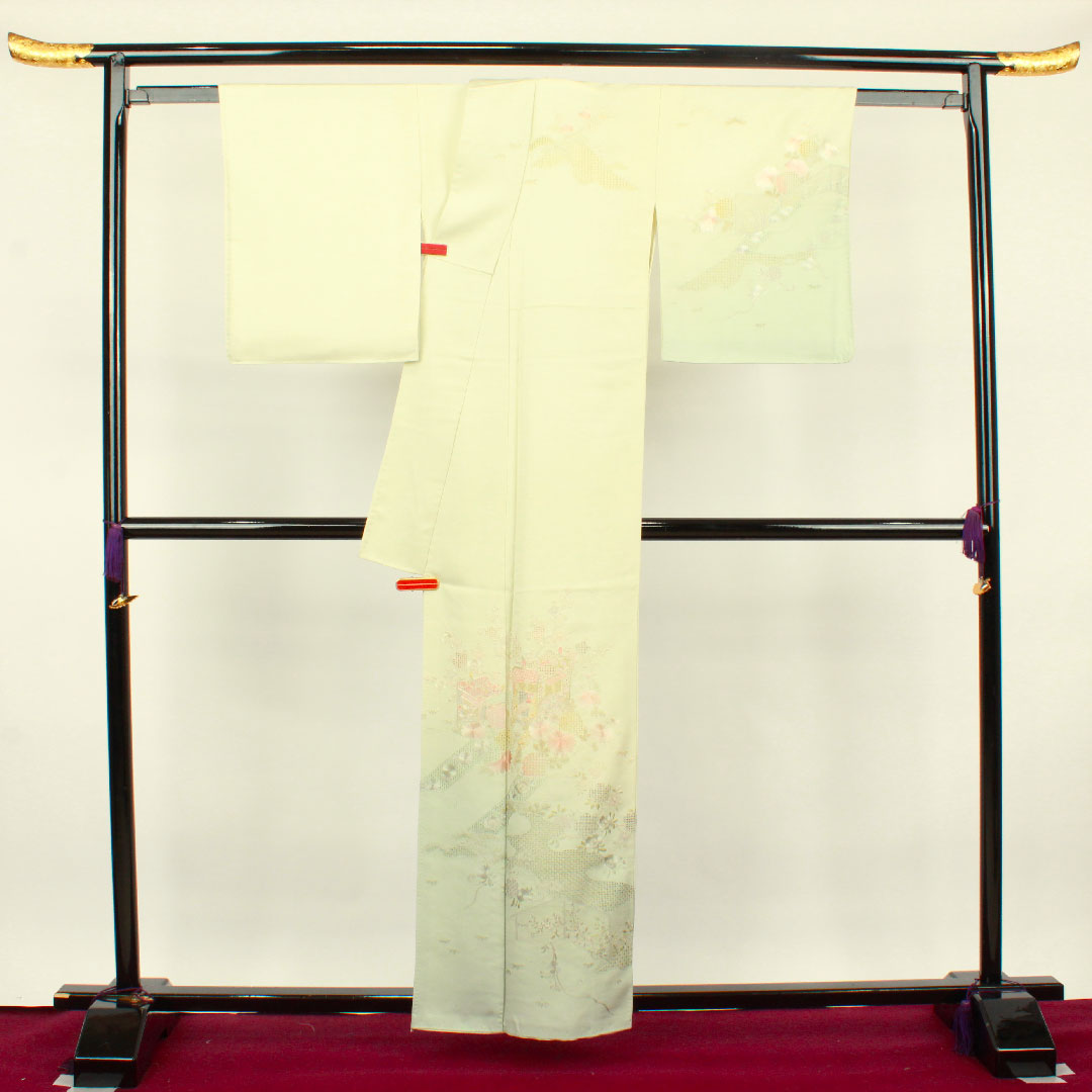 訪問着 袷 身丈159.5cm 裄丈65cm 翠山刺繡 利休白茶色 汕頭刺繡 蘇州刺繡 片喰 正絹 Sランク 緑系 1112002242319