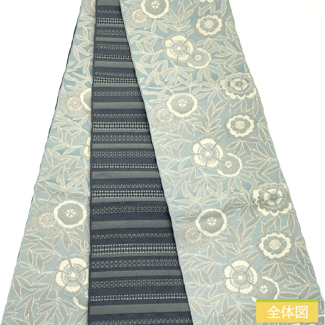 （新品）半幅帯 ポリエステル NEWランク 青鈍色（あおにびいろ） 花柄 横段 リバーシブル 帯丈400cm 青系 1125002521417