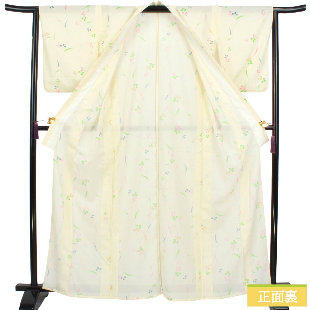 夏物 ポリエステル 小紋 Aランク 身丈163.5cm 裄丈64cm 白百合色（しらゆりいろ） 草花模様 絽 黄系 1132004513423