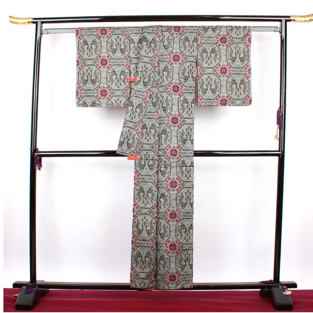 Murayama Oshima Length 155.5cm Sleeve length 60cm Greyish yellow green Geometric pattern Pure silk S rank Awase Grey 1116001752322