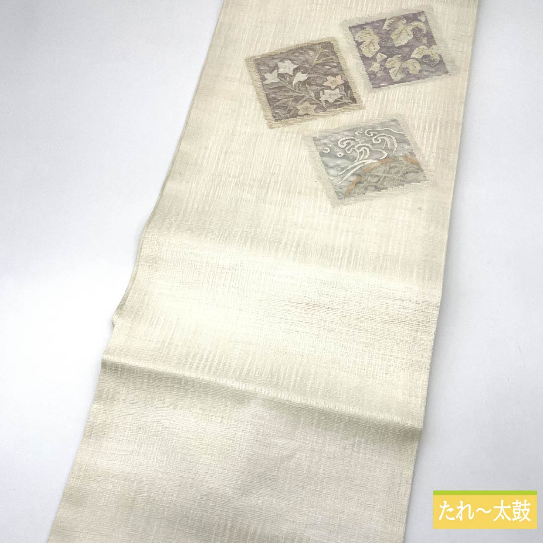 Nagoya obi, pure silk, chalk color, scoop weave, colored paper, bellflower, summer obi, obi length 369cm, S rank, point pattern, semi-formal, white, 1124006812311, Nagoya style
