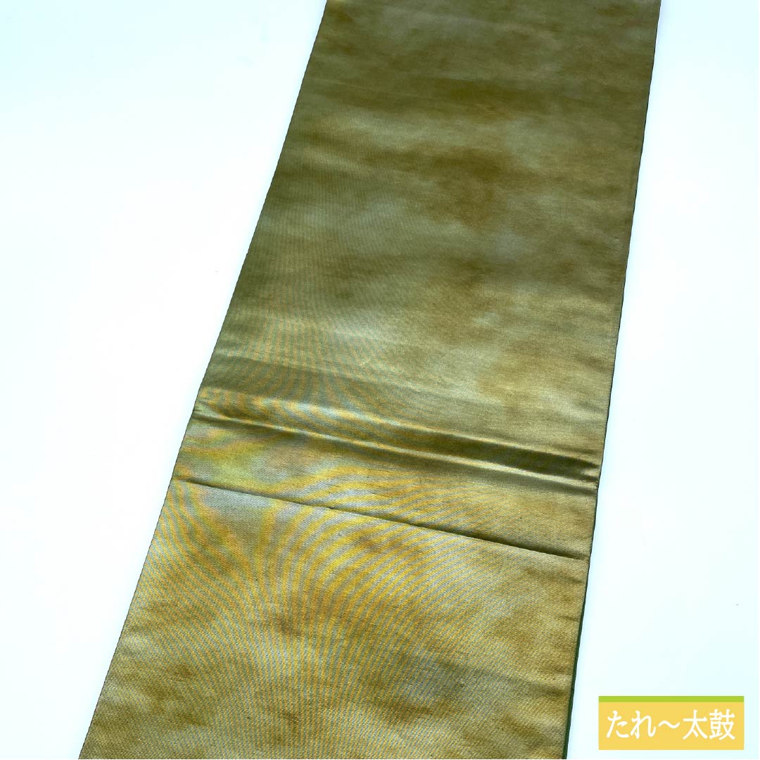 袋帯 正絹 島松鼠色（しままつねずいろ） 相良刺繡 欧風文様 帯丈436cm Sランク ポイント柄 カジュアル 緑系 1123012762319