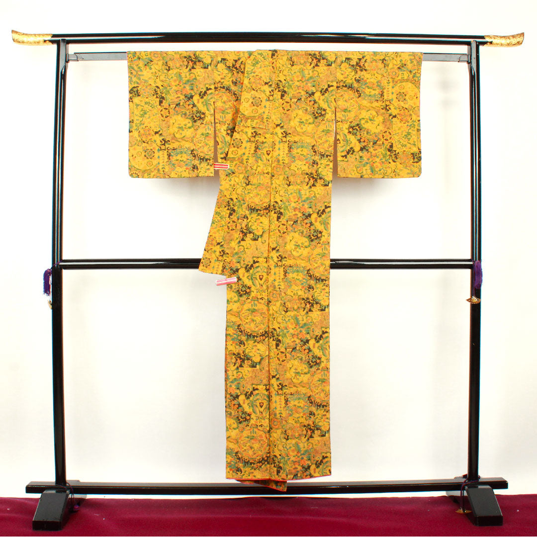 Komon, Length 151cm, Sleeve length 57cm, Awase, Ochre, Sarasa pattern, Pure silk, S rank, Yellow 1115002442223