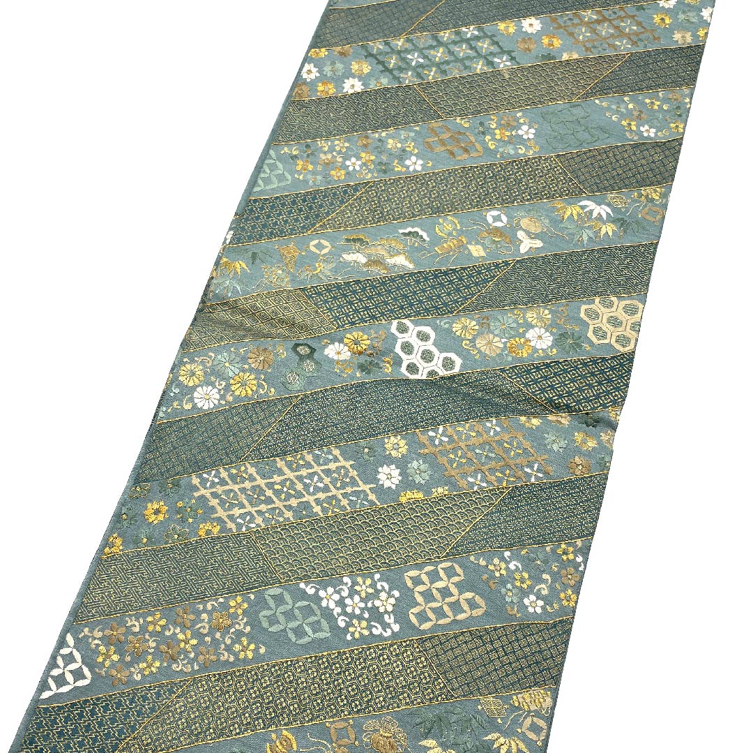 Fukuro obi (indigo brown) with embroidery, auspicious motifs, homaku (treasure scroll), flower arabesque pattern, obi length 430cm, pure silk, S rank, six-pass, formal, green, 1123008142319