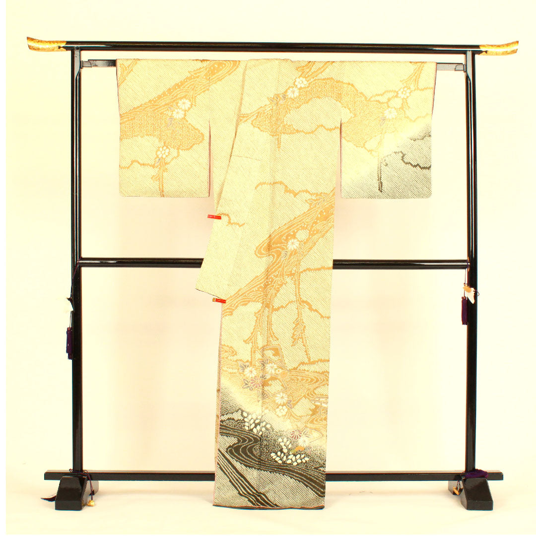 Homongi, lined, length 167cm, sleeve length 69cm, all-over tie-dye, embroidery, auspicious motif, pure silk, S rank, yellow, 1112000562523