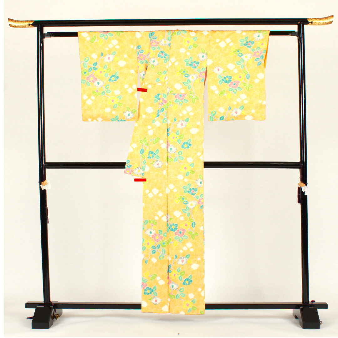 Komon, Length 159cm, Sleeve length 63cm, Awase, Shibori, Floral pattern, Pure silk, B rank, Yellow, 1115001924323