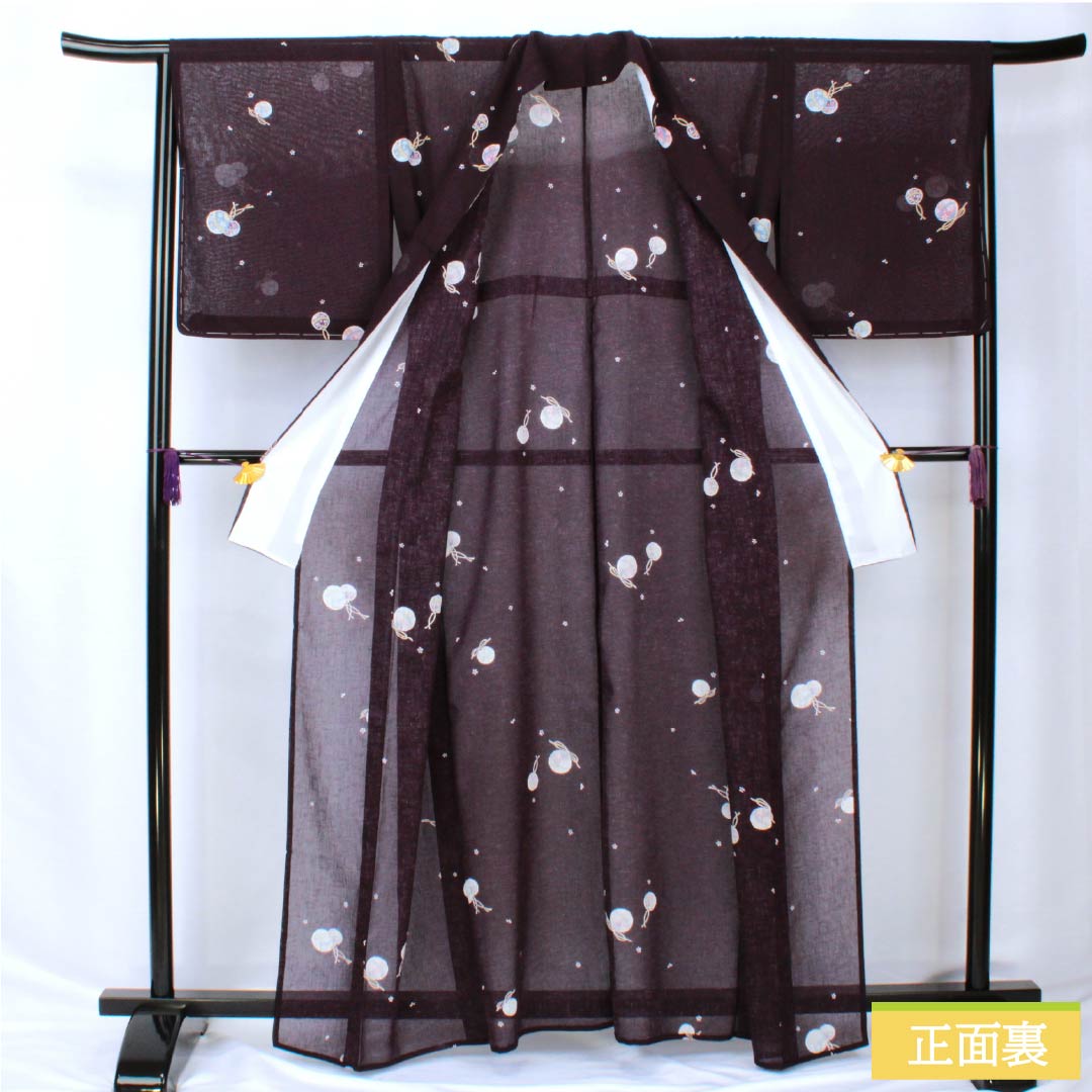夏物 ポリエステル 小紋 身丈162cm 裄丈66cm 紫黒色（しこくしょく） 小花 鈴 洗える着物 紗 Sランク 紫系 1132002332420