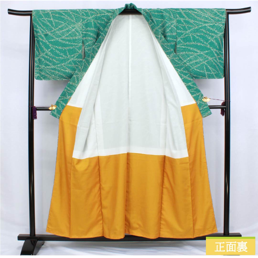 Komon (small pattern) kimono, polyester, length 156cm, sleeve length 64cm, lined, medium indigo blue (nakanoaiiro), polka dot pattern, washable, with basting thread, S rank, green, 1115006222319