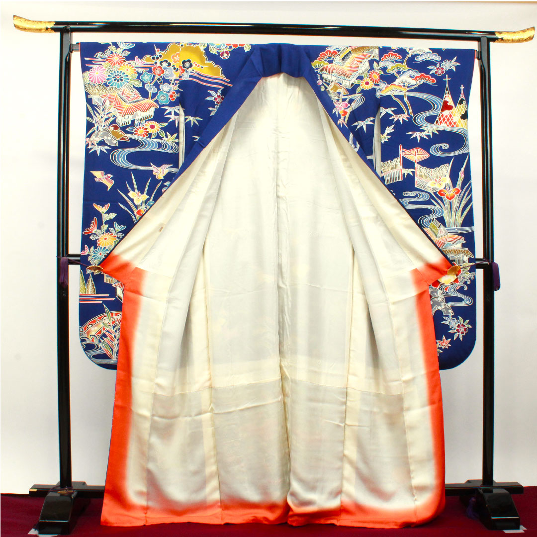 振袖 身丈167.5cm 裄丈68cm 袷  瑠璃色 京紅型 吉祥文様  正絹 Aランク 紺系 1113001773518