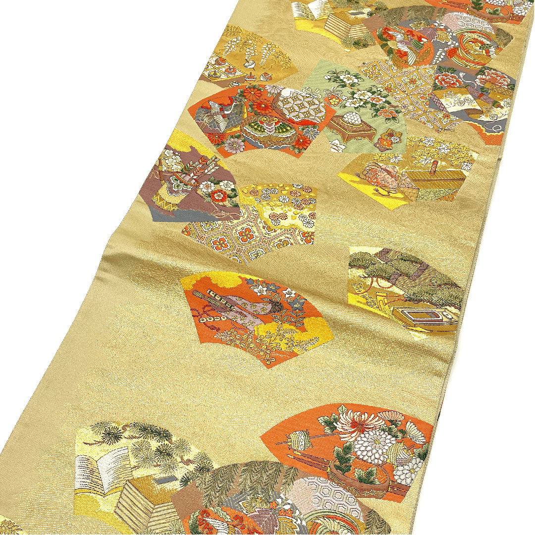 Fukuro Obi (Bag) with auspicious motif, obi length 424cm, pure silk, S rank, six-pass, formal, gold, 1123002682321
