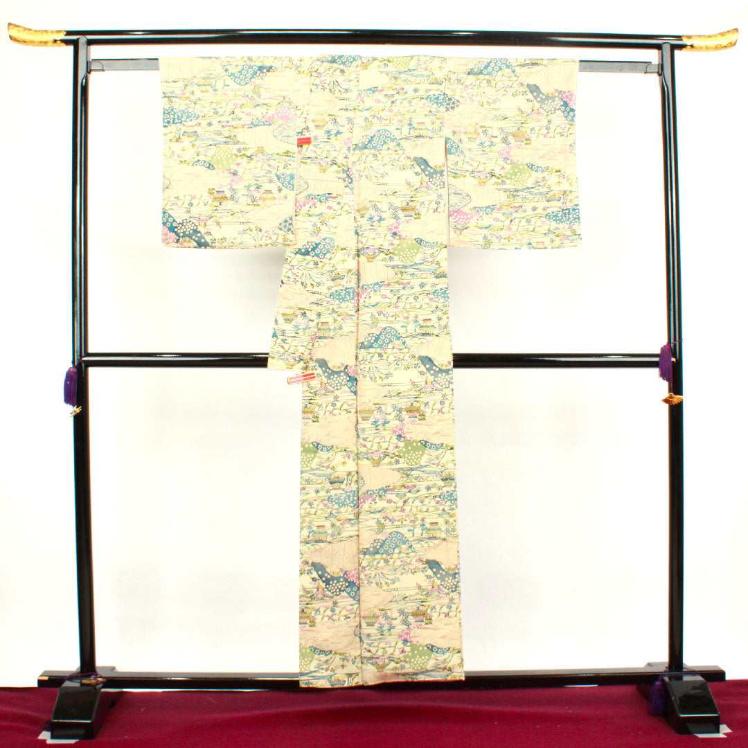 小紋 身丈154.5cm 裄丈61.5cm 袷  砥粉色 紅型 風景模様 正絹 Aランク クリーム系 1115003083215
