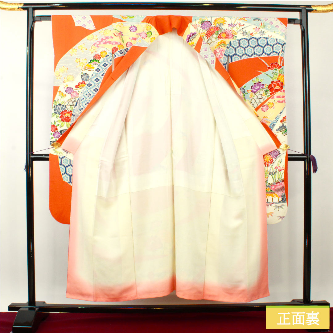 振袖 正絹 身丈151cm 裄丈62cm 袷  黄丹色 京紅型 吉祥文様  Aランク 橙系 1113001913226