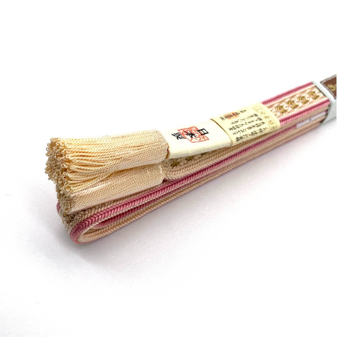 （新古品） 帯締め 正絹 四分紐 薄肉色（うすにくいろ） 極彩色三分金銀糸使用 新古品 長さ約159cm 幅約1.7cm セミフォーマル Sランク ピンク系 1135002712313