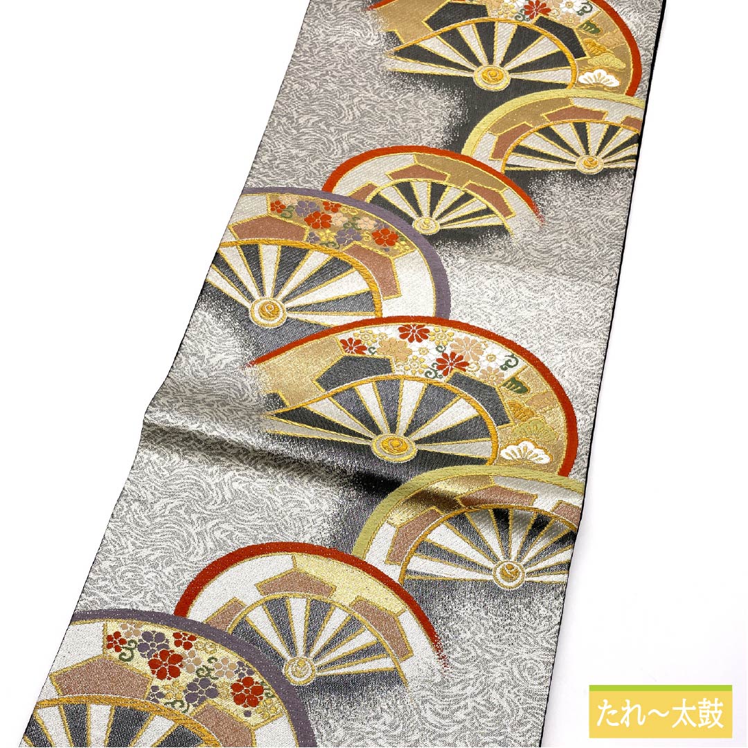 Fukuro Obi, pure silk, for Tomesode and Furisode, wheel pattern, pine, obi length 418cm, S rank, six-way, formal, silver, 1123013632322